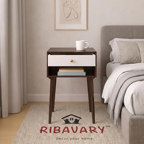 Image of Modern Bedside Table Nightstand with Solid Wood Legs, Practical End Side Table with Drawer Storage for Small Spaces Wooden Bedside Table, Coffee Table, Living Room /Bedroom (Brown-White)