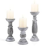 Rustic Wooden Pillar Candle Holders Set of 3, 12'' 9'' 6'' Farmhouse Wood Candle Stand for Table Centerpieces, Vintage Tall Candleholders Fireplace Mantel Decor for Living Room, Grey