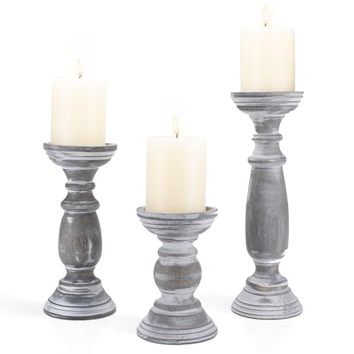 Rustic Wooden Pillar Candle Holders Set of 3, 12''...
