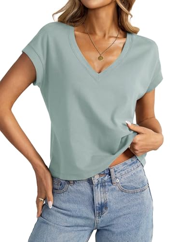 EasyGala Womens Cap Sleeve Crop Tops Cotton V Neck T Shirt Boxy Loose Fit Short Sleeves Tee Summer Fashion Clothes 2026 Green