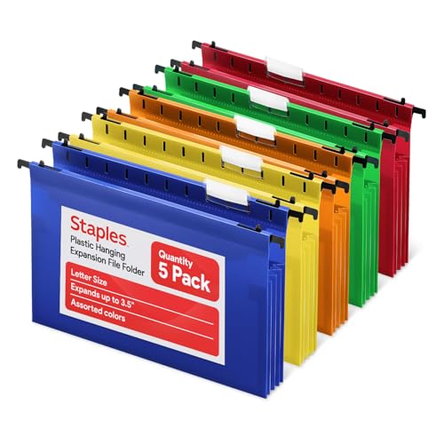 Staples Poly Expanding Hanging File Pockets, Letter Size, Assorted Colors, Durable Poly Construction – 5/Pack