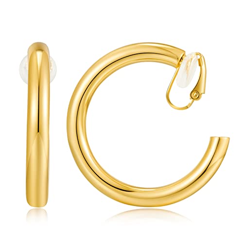 WOWORAMA Gold Clip On Hoop Earrings for Women - Classic Large Chunky Hoops - Non Pierced Minimalistic Clip Earrings