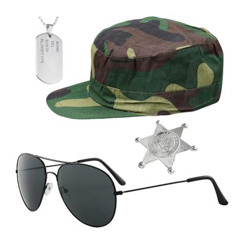 ZBHDEYG Conjunto de disfraz militar de 4 piezas gorra de camuflaje, gafas de sol, placa de identificación, insignia para joyas, accesorios de fiesta temática