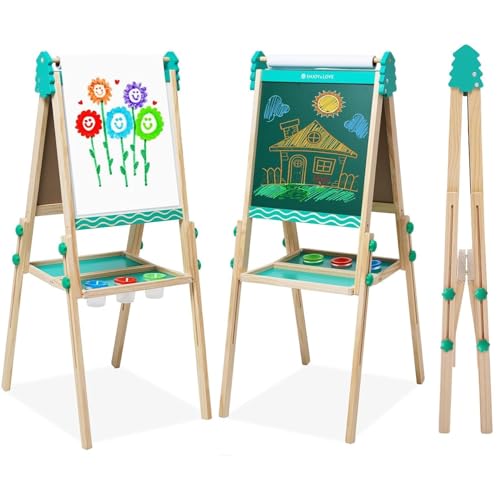Kids Easel Wooden Kids Art Easel Double-Sided Standing Easel for Kids Height Adjustable Preschool Art Easel with Paper Roll Storage Box Watercolor Pen for 3-10 Years Old (Green)