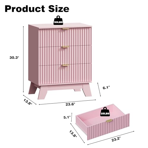 Image of HUANLEGO Fluted Nightstand with 3 Drawer for Bedroom, Pink | Mid Century Modern Beside Table with Metal Handle, Wooden End Table with 3 Drawers for Living Room, Closet, Entryway