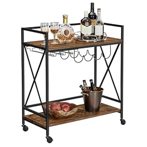 VASAGLE Bar Cart Serving Cart Mobile Kitchen Shelf with Glass Stemware Rack and Wine Bottle Holders Industrial Rustic Brown and Black ULRC088B01