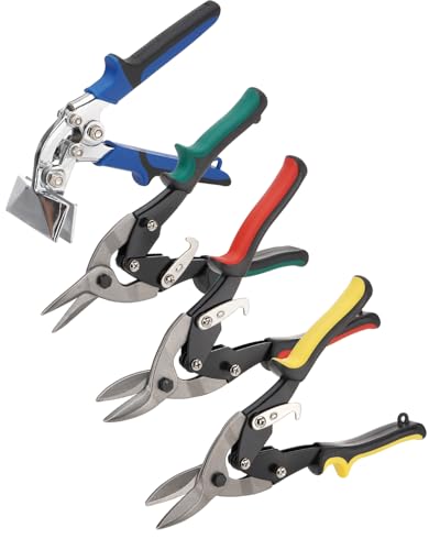 4 pcs Aviation Tin Snips Sheet Metal Bender Set, 10-inch Sheet Metal Cutter Shear Tool 60CrV Left Right Straight, 3-inch Offset Hand Seamer, with Ergonomic Handle and Safety Latch