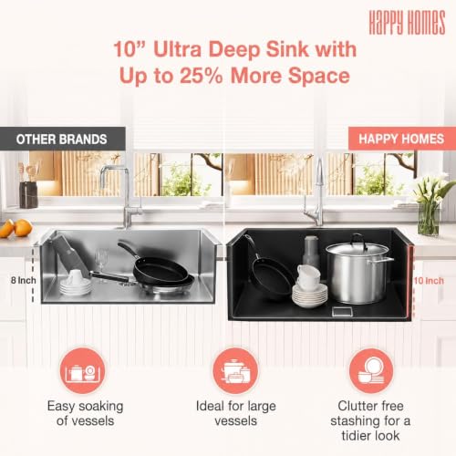 Image of HAPPY HOMES HAPPY HOMES 24x18x10 Inch Kitchen Sink 100% Stamped 304 Grade Stainless Steel with Nanocoated Undercoating, Sound Dampening |Square Coupling and Metal Fruit Basket | 25 Years Warranty