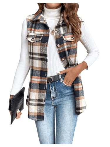 WDIRARA Women's Plaid Vest Button Down Sleeveless Shacket Jacket Collar Outerwear
