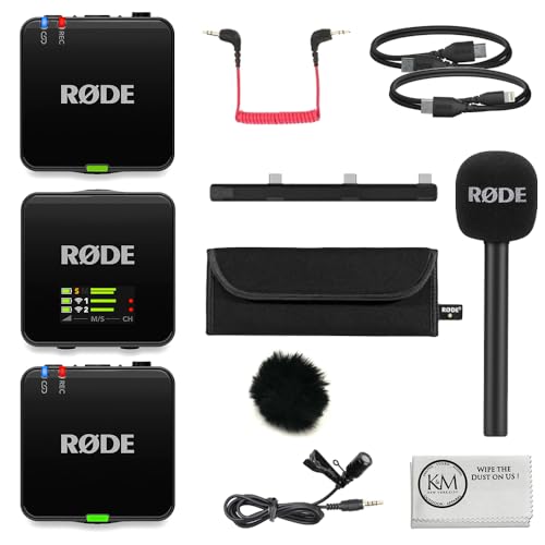 RØDE Wireless GO (Gen 3) 2-Person Compact Digital Wireless Microphone System/Recorder | 2.4 GHz, Black Bundle with GO Handheld Mic Adapter + Lavalier Microphone + Furry Windscreen + Cloth (5 Items)