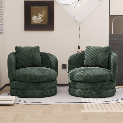 Aortzio 30''W Swivel Barrel Chairs Set of 2, Chenille Accent Upholstered Cute Armchairs with Pillows for Living Room, Apartment, Bedroom (Green).