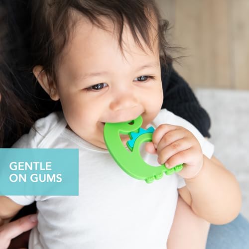 Image of Bumkins Baby Teething Freezer Toy Keys Rings, Soft Flexible Silicone Pacifier, Safe to Chew, Cool Teether Gum Relief, Essentials for Babies 3 Months, Freezable, Sensory Textured, Dinosaur Green