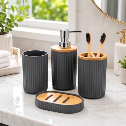 Image of MARKET 99 Bathroom Accessories Set of 4, Grey Plastic Bathroom Countertop Organizer with 350 ml Soap Dispenser, Toothbrush Holder, Tumbler & Soap Dish, Modern Vanity Bathroom Decor Set