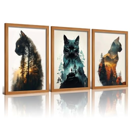 Framed Cat and Landscape Wall Art Set