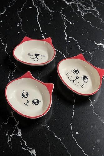 3 lü Seramik Mama Tabak, Çocuk Tabağı Kedili Kırmızı - Görsel 4