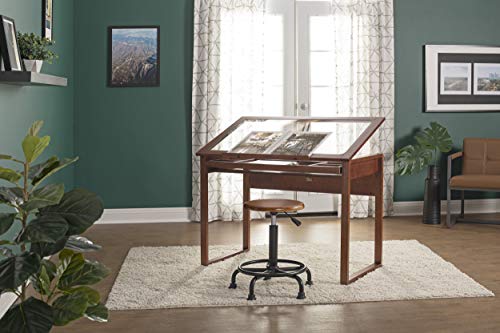 Vintage Rustic Oak Drafting Table, Top Adjustable Drafting Table Craft Table Drawing Desk Hobby Table Writing Desk Studio Desk, 42''W X 30''D & Studio Designs 13307 Retro Stool, Rustic Oak #TOP6