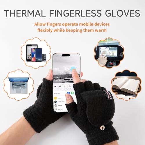 Bodvera Winter Convertible Mittens Fingerless Gloves for Men and Women Warm Half Finger Glove with Flip Texting Driving - Thumbnail 2
