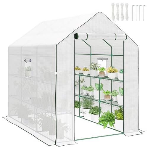 Outsunny Invernadero de Jardín de 3 Niveles, Invernadero de Exterior con 12 Estantes, Puerta Enrollable, Ventanas, Anti UV, Cubierta de PE 135g/m² para Cultivos, Plantas, Flores, 140x213x190 cm Blanco