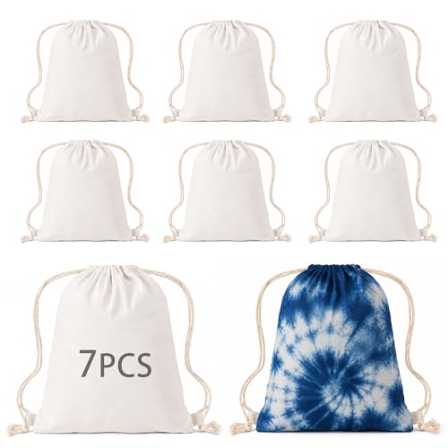 ARKBAODAN 7 unidades de sacos de cordão tie dye 100% algodão, mochila branca branca para sublimação, tingimento de tecido, artesanato de acampamento de verão, lembrancinhas de festa, atividades em