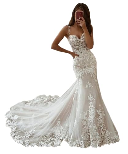 Fivsole Mermaid Lace Wedding Dresses Elegant Sweetheart-Neck Long Tulle Mermaid Bridal Dress with Train US12 I-White
