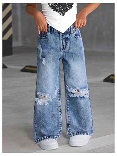 SHENHE Girl's Baggy Jeans Ripped Distressed Wide Leg Elastic Waist Kid Denim Pants with Pockets3
