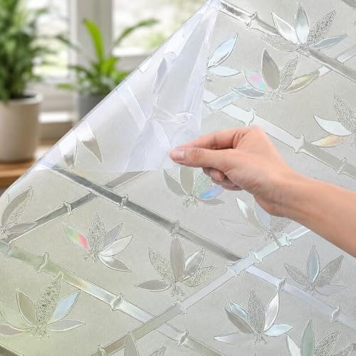 Image of CVANU Leaves & Bamboo Frosted Privacy Window Film, Self Adhesive Waterproof Vinyl Sticker for Glass Doors, Windows, Bathroom & Office Use (12 x 36 Inch)