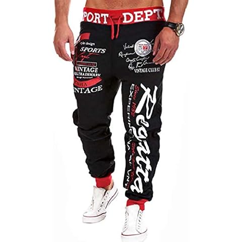 SDFRK® Men's long jogging bottoms | cotton sweatpants | cargo trousers for men with lettering | sports trousers with cuffs | narrow leg bottoms | printed 3/4 trousers, Red, M Cover