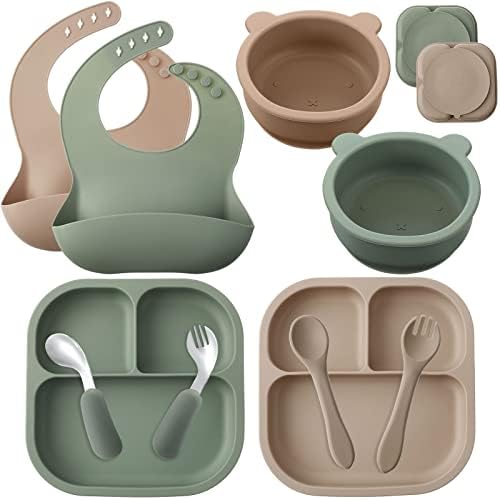 Gerrii 10 Pcs Baby Led Weaning Supplies Silicone Baby Feeding Set Includes Divided Baby Plates Suction Baby Bowls Baby Utensils Adjustable Soft Bib for Toddler Infant First Stage Self Eating Food