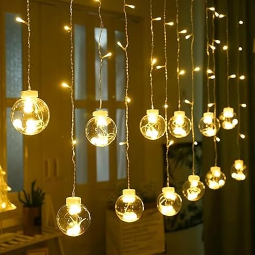 Image of One94Store 12 Wish Ball Curtain LED String Lights - Pack of 1, 3 Meter Warm White Curtain Light with 108 LEDs & 8 Flash Modes for Window, Room, Diwali & Festival Decoration