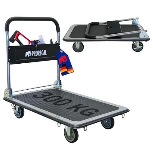 PROREGAL Profi-Plattformwagen Transportwagen Big Rhino 300kg klappbar mit Gummiräder, 360° Lenkrollen & Bockrollen mit Feststellbremse, Werkzeugtasche & 6 Sicherungsösen, Transporthilfe groß & leicht