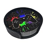 Game Joystick Gamer Cool Splash Coasters for Drinks Round Leather Coaster with Holder Set of 6 for Tabletop Protection Desk Accessories Office Home Room Decor