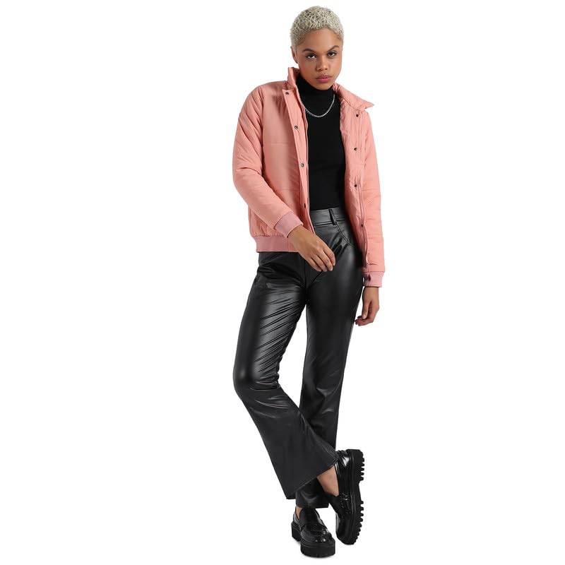 Image of PINACOLADA Women's Pink Puffer Regular Fit Bomber Jacket For Winter Wear | Standing Collar | Full Sleeve | Buttoned | Casual Jacket For Woman & Girl | Western Stylish Jacket For Women