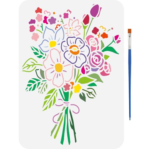 FINGERINSPIRE Zeichenschablone Mit Blumenstrauß Und Pinsel 29.7x21cm Groß Eine Malvorlage Mit Blumenstrauß Und Wildblumenmuster Schablone Zum Malen Auf Holz Wänden Stoffen Und Möbeln
