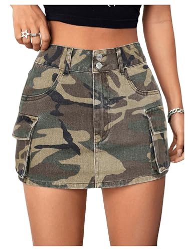 Milumia Women's Denim Skirt Camo Print Low Waisted Flap Pocket Jean Cargo Skirts