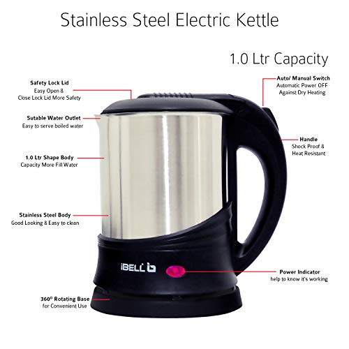 Image of IBELL SEK110 Electric Kettle 1L- 360 Cordless Rotating Base, 1350W, 2 Year Warranty, Auto off Function (Black)