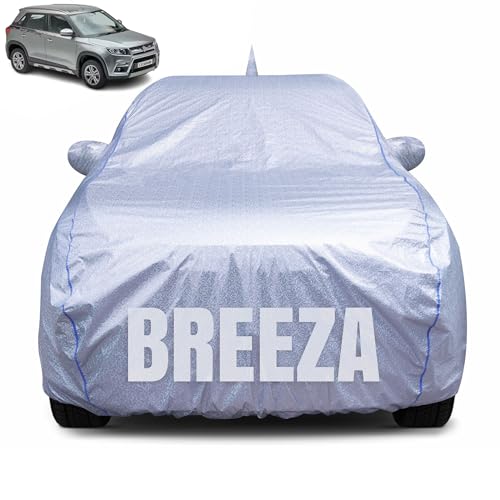 Image of 100% Waterproof Car Body Cover for Maruti Suzuki Brezza (2016-2025) with Mirror Pocket, Heat & UV Resistant, Triple Stitched, Soft Lining, Bottom Elastic & Piping (Silver Reflective)