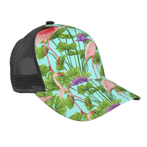 Gorra de béisbol de verano con estampado de flores y flamencos para mujer y hombre, gorra de béisbol de malla con hebilla ajustable, Negro -, talla única