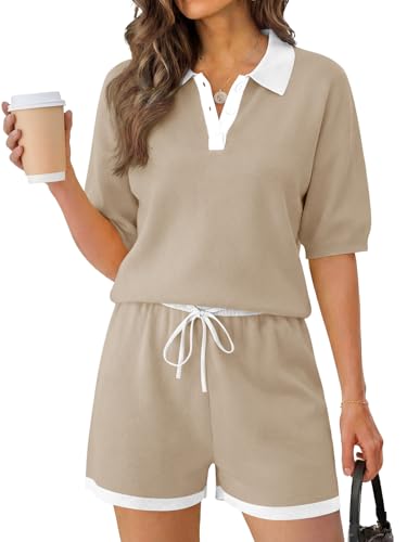 Image of Tankaneo Womens 2 Piece Short Sets Short Sleeve Knit Tops Vacation Outfits | Sweater Fabric, 2026 Summer, Collared, Matching Lounge Set