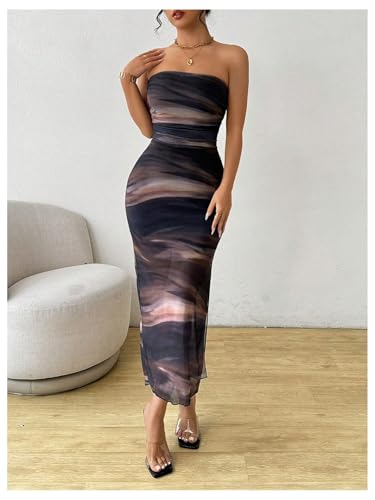 Image of Milumia Women's Tie Dye Strapless Maxi Dress Mesh Split Bodycon Vacation Long Tube Dresses