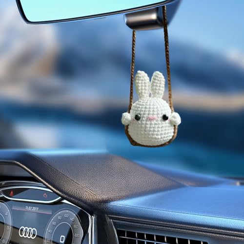 Image of Crochet Swinging Bunny Car Mirror Hanging Accessories, Cute Car Decorations for Women Aesthetic, Handmade Knitted Rearview Mirror Car Accessories Home Office Car Mirror Decor