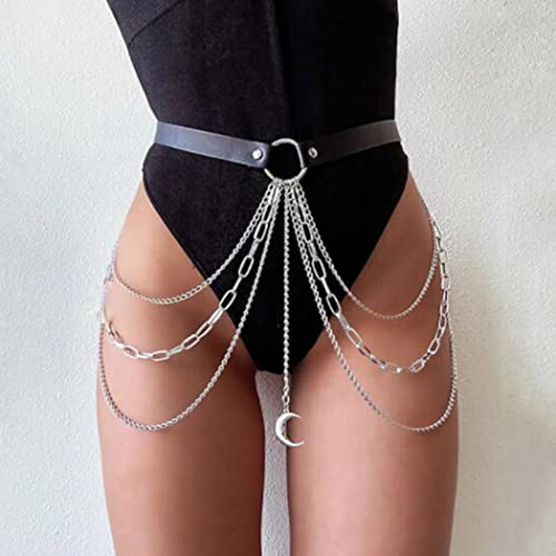 Mayelia Punk-Leder-Körperkette, schwarzer Taillengürtel, Leder-Taillenkette, Körperschmuck für Frauen und Mädchen Cover