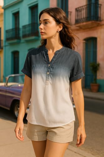 Image of Maaesa Women Navy Blue-White Ombre Rayon Loose Fit Top | Mandarin Collar | Short Sleeves | Lightweight & Breathable Fabric | Casual Wear | Office Wear