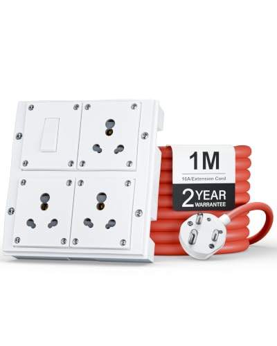 Image of FEDUS 16amp 3000 Watts 1 Meter Cable Heavy Duty High Load Capacity Electric Power Extension Switch Board Cord with 3 Socket 1 Switches,for Oven,EV Charger Charging,Iron Press,Induction Stove,AC