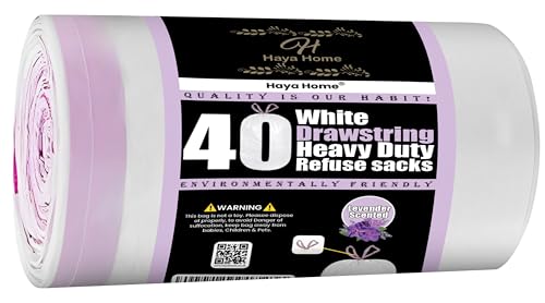 HayaHome 45L Liter 40 Drawstring Swing Bin Liner Lavender Scented Bin Bags Heavy Duty Bin Liners White Plastic Refuse Sacks tie top handle large Waste Dustbin Bags for Kitchen Home Office DIY Garden