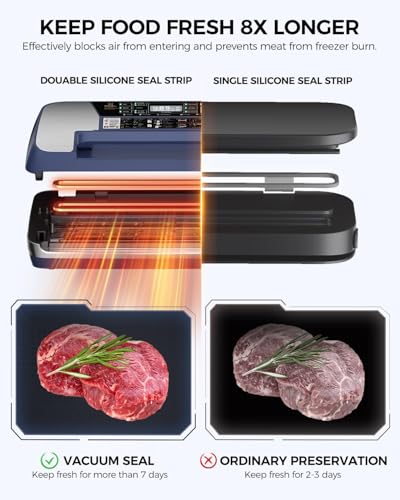 95kpa Vacuum Sealer Machine, Commercial Full Automatic Food Sealer, Vacuum Sealer for Food with Cutter, 10 Pre-cut Bags & Bag Rolls and Accessory Hose, Fully Starter Kits, Blue