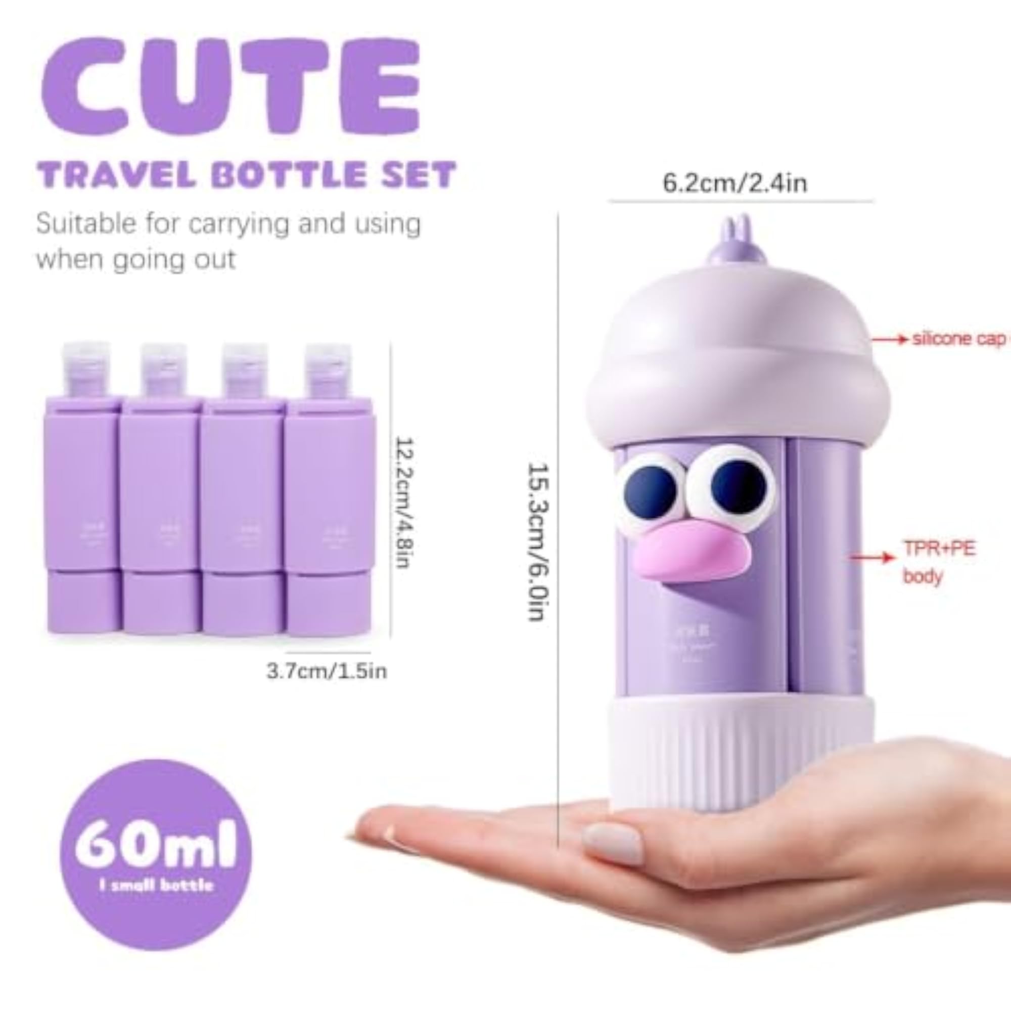 Cute 4-in-1 Travel Toiletry Bottle Set, Purple