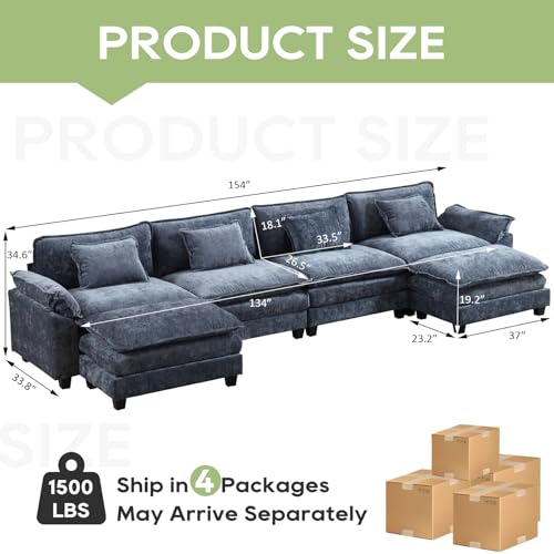 Image of Oprisen 154 inch Modular Sectional Sofa, Comfy Cloud Couch Sectional Sofa with Ottoman, Chenille Sofa Sleeper Deep Seat Sofa with Throw Pillows for Living Room (Blue, 154 inch- U Shape)