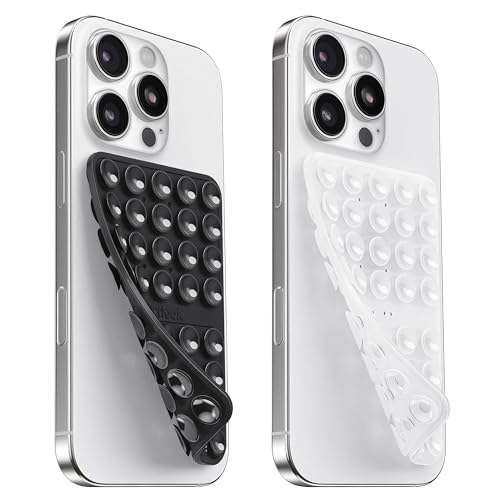2PCS Silicone Suction Cup Phone Case Mount Double Sided, Hands-Free Phone Accessories Holder for Selfies and Videos, Silicon Sticky Phone Grip for iPhone and Android, Transparent&Black