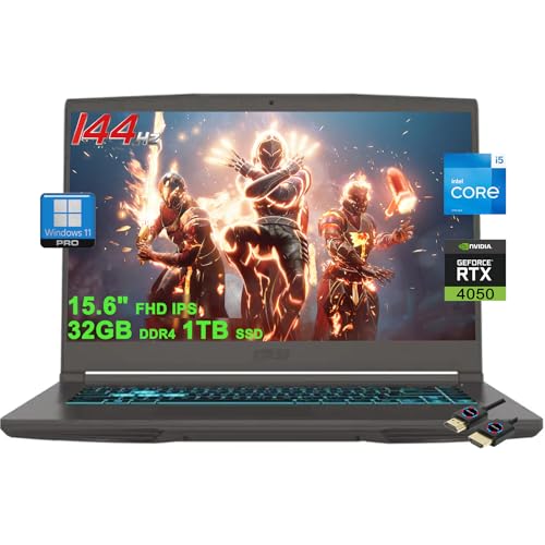 MSI Laptop delgada para juegos de 15.6 pulgadas FHD IPS 144Hz | Intel 8-core i5-13420H (i7-11800H) | 32GB DDR4 1TB SSD | GeForce RTX 4050 | USB-C Win11Pro retroiluminado con accesorio DLCA