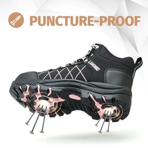 LANSNBO Waterproof Steel Toe Work Boots for Women Wide Width Pink 7W by LANSNBO - Used condition - Image 5